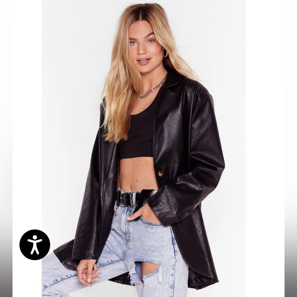 NASTY GAL Oversized faux Leather single breasted Blazer black size 10